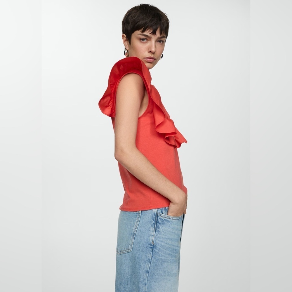 Mango coral red cotton t-shirt with ruffles NWT